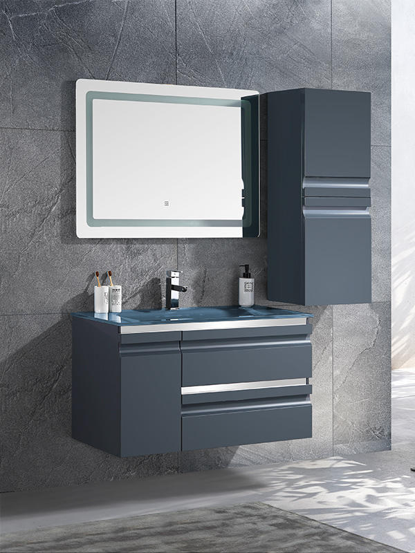 壁挂式深灰色现代优雅浴室柜带玻璃盆