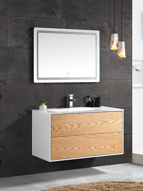 壁挂式浴室柜，带玻璃盆 LED 镜子